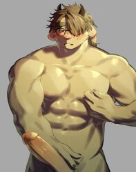 1boy abs anthro blush brown_hair catoblepas_(tokyo_afterschool_summoners) erection eyebrows eyewear genitals glasses hair hi_res horn lifewonders male male_only masturbation muscular muscular_anthro muscular_male navel nipple_fetish nipple_pinch nipple_play nipples nude pecs penis pinch pu94_d1de4c solo thick_eyebrows tokyo_afterschool_summoners