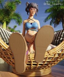 1girls 3d alternate_version_available blender blurry clothed clothing crystal_(fortnite) dark_blue_hair detailed_background epic_games eye_contact female female_focus female_only fortnite glasses highres lewdrex light-skinned_female light_skin looking_at_viewer looking_down outdoors palm_tree palm_trees presenting sandals scuba_crystal_(fortnite) shadow sitting solo solo_focus sun sunlight tank_top trees twintails watermark whistle whistle_around_neck