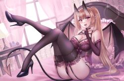 1girls blonde_hair blush bra breasts cameltoe cleavage clothing demon demon_girl demon_horns demon_tail demon_wings elisabetlis female female_only hopetg large_ass large_breasts legs_together lingerie long_hair matching_underwear open_mouth panties purple_bra purple_legwear purple_panties purple_thighhighs revealing_clothes stockings succubus thick_thighs thighhighs wide_hips