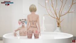 2girls bathroom bathtub blonde blonde_hair dc harley_quinn injustice_2 light-skinned_female light_skin lipstick makeup multicolored_hair multiple_girls nude nude_female red_lipstick smithproductions supergirl whip_marks writing writing_on_ass writing_on_body