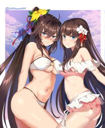 2girls absurdres ahoge alternate_costume ass bare_arms bare_shoulders bikini bikini_skirt blue_eyes blush breasts brown_hair cleavage closed_mouth counter:side flower frown groin hair_between_eyes hair_flower hair_ornament highres large_breasts long_hair looking_at_viewer medium_breasts multiple_girls nanahara_chifuyu nanahara_chinatsu navel o-ring o-ring_bikini official_alternate_costume pink_bikini ponytail siblings sisters smile stomach string_bikini swimsuit thighs twomoon underboob v-shaped_eyebrows very_long_hair white_bikini