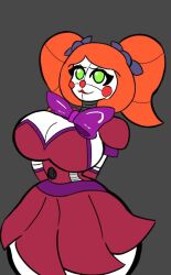 baby_(fnafsl) blush bow bowtie circus_baby circus_baby_(fnaf) cleavage five_nights_at_freddy's five_nights_at_freddy's:_sister_location five_nights_in_anime five_nights_in_anime:_after_hours fnaf fnia green_eyes hands_behind_back huge_breasts lips lipstick orange_hair ponytail purple_bowtie red_dress red_lips red_lipstick red_nose redhead robot robot_girl scottgames shoulder_pads sister_location skirt solo thick_thighs white_body wide_hips