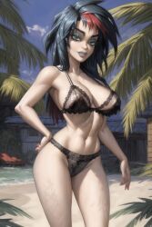 abs ai_generated beach bikini cleavage extreme_ghostbusters ghostbusters hand_on_hip kylie_griffin lipstick pale-skinned_female toned_female