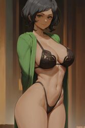 ai_generated amiral_ai avatar_the_last_airbender black_bra black_lingerie black_underwear blurry_background bob_cut breasts brown_skin cleavage commission commission_art commissioner_upload curly_hair cutesexyrobutts_(style) cutesexyrobutts_ai_artstyle_imitation dark-skinned_female earth_kingdom earthbender exposed_breasts female female_focus female_only green_eyes green_robe grey_hair hands_behind_back hourglass_figure lingerie looking_at_another matriarch metalbender milf mother nickelodeon pose seductive seductive_look sitting smile solo sultry_eyes suyin_bei_fong the_legend_of_korra thick_thighs thighs underwear zaofu