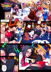 1boy 2girls 2girls1boy american_flag black_boxing_gloves black_gloves black_hair blonde_female blonde_hair boxing boxing_gloves boxing_ring bubble_ass bubble_butt capcom cheerleader cheerleader_uniform clothing comic comic_page earrings english_text erection female fighting_ring glasses heart imminent_sex imminent_threesome japanese_flag japanese_text kyoko_minazuki large_breasts lips lipstick male male/female megane part_of_a_set red_boxing_gloves red_gloves red_lipstick rival_schools roy_bromwell rukasu school_nurse sparring star_earrings tagme teacher_and_student text text_bubble threesome tiffany_lords