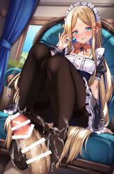 1boy abigail_williams_(fate) black_bow black_dress blonde_hair blue_eyes blush bow breasts brown_pantyhose candy censored chair cum cum_on_body cum_on_feet dress erection fate/grand_order fate_(series) feet female food footjob forehead highres legs lollipop long_hair looking_at_viewer maid_headdress orange_bow pantyhose parted_bangs penis puffy_short_sleeves puffy_sleeves shirokuma_a short_sleeves sitting small_breasts smile soles straight toes tongue tongue_out wrist_cuffs