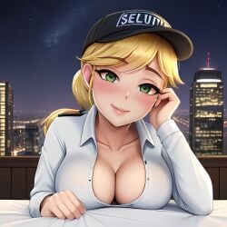 ai_generated ass background blonde_hair blush breasts cap cleavage collarbone eyebrows eyebrows_visible_through_hair five_nights_at_freddy's green_eyes hand_on_head holding_object looking_at_viewer medium_breasts night ponytail smartsloth smile smiling_at_viewer unbuttoned unbuttoned_shirt vanessa_(fnaf)