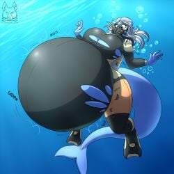 anthro belly belly_bulge big_breasts big_thighs blue_body blush blushing bubbles dolphin female female_only furry green_eyes huge_belly hyper_belly oxygen_tank scuba scuba_gear tacticalfur underwater white_hair