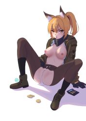 after_sex after_vaginal animal_ear_fluff animal_ears black_gloves black_pantyhose black_scarf breasts breasts_out calculator coin cum cum_in_pussy cum_on_hair cumdrip female fox_ears fox_girl girls'_frontline_neural_cloud gloves green_footwear green_jacket hair_between_eyes highres jacket long_hair long_sleeves looking_at_viewer medium_breasts nipples no_bra open_clothes open_jacket open_shirt orange_hair pantyhose ponytail riko_(girls'_frontline_nc) scarf shadow simple_background solo tetra_(djrs8858) torn_clothes torn_pantyhose v-shaped_eyebrows white_background yellow_eyes