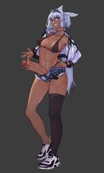 1futa animal_ears belt bikini black_bikini blue_eyes body_markings breasts caenis_(fate) clothed clothing collarbone condom cum cum_string dark-skinned_futanari dark_skin denim denim_shorts erection fate/grand_order fate_(series) full_body futa_only futanari grey_background grin hair_intakes hand_on_own_hip highres holding holding_condom huge_cock humanoid jacket jewelry large_penis long_sleeves looking_at_viewer medium_breasts mostly_nude multiple_condoms navel off_shoulder penis ring shoes short_hair short_shorts shorts simple_background single_thighhigh smile sneakers solo standing swimsuit thighhighs third-party_edit todding uncensored used_condom white_hair white_jacket