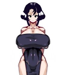 big_breasts black_hair child_bearing_hips dress hands_behind_back huge_breasts looking_at_viewer nipples_visible_through_clothing non_navi pale_skin shiny_clothes tagme thick_thighs tight_clothing