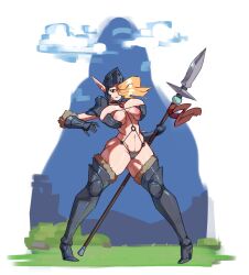 armor big_ass big_breasts bikini blonde_hair elf elf_ears female female_only fully_clothed high_heels knight looking_at_viewer non_navi revealing_clothes shryke skimpy_clothes spear tagme thick_thighs weapon