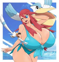 1girls bikini blue_bra blue_eyes breasts_bigger_than_head breasts_bigger_than_torso cute djthepokemen enormous_breasts gigantic_breasts huge_breasts huuro_(pokemon) hyper_breasts large_breasts nintendo one_eye_closed pokemon pokemon_bw red_hair skyla_(pokemon) swimsuit