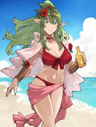 1girls alternate_costume beach bikini bottle bracelet choker female female female_only fire_emblem fire_emblem_awakening fire_emblem_heroes flower green_eyes green_hair hair_flower hair_ornament hair_ribbon highres holding holding_bottle jewelry looking_at_viewer lotion nail_polish navel nintendo official_alternate_costume parted_lips pink_nails pink_scarf pointy_ears ponytail red_bikini red_ribbon red_swimsuit ribbon sakuremi sarong scarf smile solo sunscreen swimsuit tiara tiki_(adult)_(fire_emblem) tiki_(adult)_(summer)_(fire_emblem) tiki_(fire_emblem)