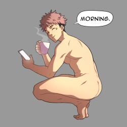 1boy ass ass dkmate itadori_yuuji jujutsu_kaisen male male_only nude pink_hair solo solo_male squatting