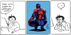 2023 ass ass_focus belengolybelen blue_background broly_culo butt butt_focus comic crouching dialogue irish irish_male male male_only marvel mask masked masked_male meme mexican mexican_irish mexican_male miguel_o'hara parody simple_background spanish_text spider-man:_across_the_spider-verse spider-man_(series) spider-man_2099 spread_legs spreading superhero superhero_costume text white_background