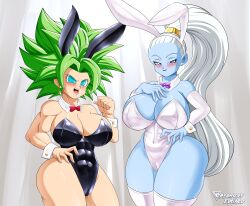 2girls angel_(dragon_ball) big_breasts blue_eyes blue_skin blush blushing_at_viewer breasts bunny_costume bunny_girl bunnysuit byghosteduard cute dragon_ball dragon_ball_super female female_only female_saiyan fusion girl green_hair kafla kefla legendary_super_saiyan ponytail saiyan smile super_saiyan vados white_hair