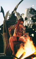 3d barbarian barefoot bodypaint bush casual_nudity completely_nude completely_nude_female dungeons_and_dragons fire geterafromfaerun public_nudity savage_queen_(geterafromfaerun) solo solo_focus story_at_source tagme throne tribal