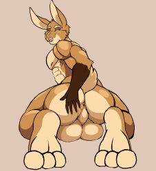 anthro anus ass balls droll3 genitals hand_on_butt hi_res lagomorph leporid looking_at_viewer male mammal muscular muscular_male presenting presenting_hindquarters rabbit rabbit_ears rear_view scut_tail short_tail solo tail tongue tongue_out