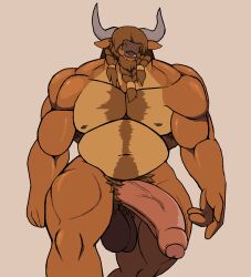 anthro beard beard_ponytail bovid bovine cattle droll3 european_mythology facial_hair greek_mythology hair hair_over_eye hi_res horn male mammal minotaur muscular muscular_male mythology nude one_eye_obstructed solo walking