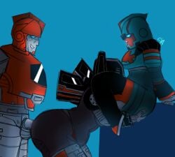 3some anal anal_sex ass ass_grab bent_over burnout_(transformers) chromexorannex chubby chubby_female cybertronian eating_pussy grabbing_ass group_sex high_times ironhide legs_apart mff mff_threesome oc original_character ourobouro pussy_eating robot robot_girl robot_humanoid smirk thick_thighs thighhighs thighs threesome transformers transformers_g1 tummy