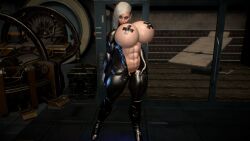 abs ass big_breasts big_lips boots breasts cyberpunk death_stare fake_lips female huge_breasts latex lips muscle muscular_arms muscular_female muscular_legs muscular_thighs nipples pose scar scar_on_face scars sci-fi shaved_side stare suit veins white_hair