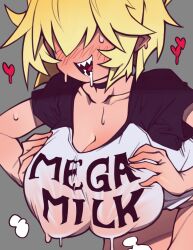 bangs bangs_over_eyes blonde_hair blush blushing_breasts cleavage drooling eyes_covered fallout female grabbing_own_breast hair_over_eyes heart horny in_heat large_breasts mega_milk pressing_breasts_together sharp_teeth sweaty_body sweaty_breasts thick_thighs vault_girl visible_nipples waa153