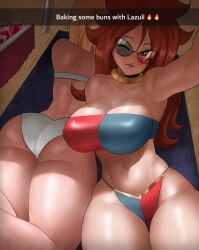 2girls absurdres android_18 android_21 android_21_(human) ass beach big_ass blonde_hair blue_eyes dragon_ball dragon_ball_fighterz dragon_ball_z echosaber fat_breasts female female_only flat_belly large_breasts light-skinned_female long_hair red_hair short_hair snapchat thick_thighs voluptuous vomi_(dragon_ball)