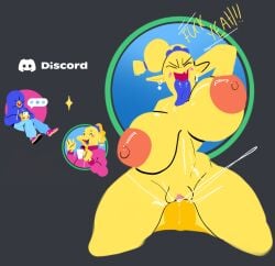 areolae big_ass big_breasts blue_tongue discord huge_breasts jewelry non_navi on_knees on_top pink_nipples plump_labia pointy_ears sex tagme thick_thighs yellow_body