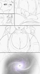 absurd_res anthro ball_fondling balls big_breasts bovid breasts caprine cleavage clothed clothing dialogue dreamy_pride english_text female fondling genitals hi_res huge_breasts kobold male male/female mammal mature_female monochrome penis severa_tettona_(dreamy_pride) text