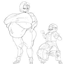 alternate_version_available android_18 bigger_female breast_expansion dragon_ball implied_sex inflation krillin kuririn lactation monochrome muscles non_navi penis_growth pregnant smaller_male tagme