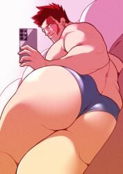 1boy ass ass_focus back back_view bara bed big_ass big_butt big_muscles blue_eyes blue_panties blue_underwear bubble_ass bubble_butt buff burn_scar cellphone chubby chubby_male dat_ass dilf dkmate endeavor_(my_hero_academia) enji_todoroki facial_hair fat fat_ass fat_man gay holding_cellphone holding_object huge_ass huge_butt huge_thighs human human_only light-skinned_male light_skin looking_at_phone looking_back lying lying_on_bed lying_on_side male male_focus male_only mature mature_male muscles muscular muscular_male my_hero_academia on_bed panties pecs pectorals pink_background red_hair scar scar_on_face selfie smartphone solo solo_focus solo_male taking_picture thick thick_ass thick_thighs underwear underwear_only