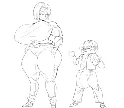 alternate_version_available android_18 bigger_female breast_expansion dragon_ball implied_sex inflation krillin kuririn lactation monochrome muscles non_navi penis_growth pregnant smaller_male tagme