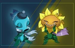 2girls edit multiple_girls nude plants_vs_zombies primal_sunflower_(pvz) small_breasts smiling snow_pea_(pvz)