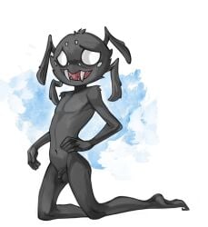 1boy 5_fingers anthro arachnid arthropod balls belly_button black_body black_fur domdumb12 don't_starve fangs flaccid flaccid_penis foreskin fur genitals hand_on_hip hi_res humanoid klei_entertainment kneeling male male_only navel penis pose small_penis smile solo solo_focus spider spider_legs teeth webber white_eyes young