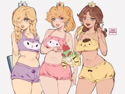 3girls alternate_costume alternate_hairstyle animal_print arms_behind_back artist_name bare_legs bare_midriff bare_shoulders bare_thighs bed_head belly belly_button black_shirt blank_background blonde_hair blue_eyes blue_eyes_female bottomwear bowser bra braid breasts brown_hair brown_hair_female brown_shorts cartoony character_doll child_bearing_hips closed_mouth collarbone confident contrapposto cowboy_shot crop_top crown curvaceous curvy curvy_body curvy_female curvy_figure cute dog_print doll drawing earrings english_text eyelashes eyes female female_focus female_only girly grey_background grin hand_on_hip hand_on_own_hip hand_on_own_stomach hand_on_waist hand_up heart highres jewelry kamii_momoru kneeling kuromi large_breasts leaning_forward legs lips lipstick long_hair looking_at_viewer makeup mario_(series) mascara medium_breasts messy_hair midriff multiple_girls my_melody nail_polish navel nintendo onegai_my_melody open_mouth pajamas pink_lips pink_shorts plushie pompompurin pompompurin_(series) ponytail pout pouting princess princess_daisy princess_peach princess_rosalina puffy_pants puffy_shorts sanrio shirt short_hair short_shorts short_sleeves shorts simple_background sitting sketch sleepwear smile soft_belly soft_breasts soft_shading soft_thighs speech_bubble standing stomach stuffed_toy tank_top teeth thick_thighs thighs tied_hair topwear underwear white_background wholesome wide_hips