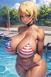 1girls ai_generated american_flag_bikini armpits big_breasts bikini blonde_hair breasts cleavage dark-skinned_female female female_only huge_breasts large_breasts looking_at_viewer mito_ikumi navel shokugeki_no_souma smiling solo solo_female swimsuit the_hotshot thick_thighs wide_hips