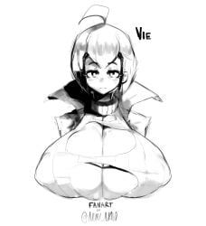 big_breasts black_and_white fanart future_fragments huge_breasts monochrome nipples_visible_through_clothing non_navi ripped_clothing sweater tagme vie_(future_fragments)