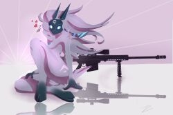 anthro ass bovid breasts caprine female fluffy fur fur_markings genitals glowing glowing_eyes grey_body grey_fur gun hair heart hi_res hooves kindred lamb_(league_of_legends) league_of_legends long_ears long_hair looking_at_viewer mammal markings mask nude pussy ranged_weapon rifle riot_games sheep sniper_rifle snowflakesheep solo weapon