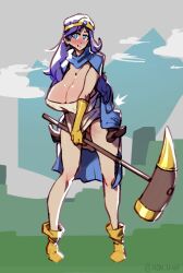 1boy 1girls big_breasts bigger_female blue_eyes blush cleavage hammer huge_breasts jewelry non_navi purple_hair smaller_male tagme under_clothes weapon