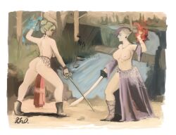 2girls ass blonde_hair boots breasts duel dungeons_and_dragons earrings elf elf_ears elf_female female female_only holding_weapon keihass-art magic multiple_girls nipples story_at_source sword tagme tree weapon