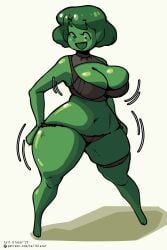 big_ass big_breasts big_butt black_panties blush bob_cut boob_window bottom_heavy breasts copyright_request fully_clothed green green_hair green_skin huge_ass huge_butt implied_expansion jiggle jiggling jiggling_ass jiggling_breasts jiggling_butt large_ass large_butt nyuru panties pear-shaped_figure shortstack slime slime_girl smile smiling solo solo_female tail-blazer thick_thighs wardrobe_malfunction wide_hips