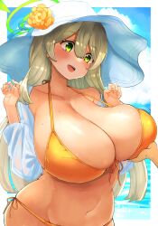 big_breasts blonde_hair breasts clavicle curvy curvy_female curvy_figure golden_bikini green_eyes hand_on_breast huge_breasts large_breasts long_hair narrow_shoulders sun_hat touching_breast wide_hips