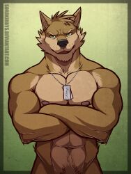 1boy 2015 abs accessory anthro anthro_male anthro_only athletic athletic_anthro athletic_male avany bara basic_background beefy biceps big_muscles black_nose black_outline breastplate brown_arms brown_ears brown_fur brown_hair brown_legs buff canine chain_necklace cheek_tuft chin_tuft clenched_fists comission confident countershade_snout countershade_torso crossed_arms digital_media_(artwork) ear_tuft ears_up elbow_tuft exhibitionism fit fit_male front_view furry furry_only gay gothwolf gradient_background green_background green_eyes hips implied_nudity looking_at_viewer male male_only mammal manly muscular_arms muscular_male nametag narrowed_eyes navel necklace_only nipples nostrils nude open_eyes open_mouth pecs pubes pubic_hair raised_forearm seductive seductive_look seductive_smile smiling_at_viewer solo solo_male sorakirbys standing topless topless_anthro topless_male trapezius upper_body watermark wolf wolf_boy wolf_ears