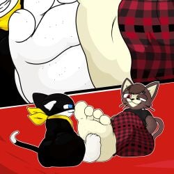 absurd_res anthro atlus domestic_cat dragotrashcan feet felid feline felis foot_fetish foot_focus foot_on_foot hi_res kralex macro male male/male mammal megami_tensei megami_tensei_persona micro morgana_(persona) paws sega smug