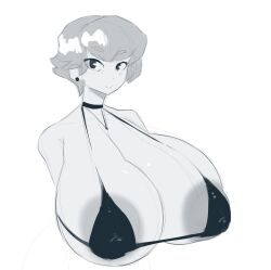 big_breasts bikini ear_piercing hands_under_breasts huge_breasts looking_at_viewer massive_breasts monochrome non_navi simple_background tagme thick_thighs white_background