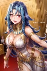 1girls accessory ai_generated background_character blue_hair blush clothing earrings egyptian_clothes female female_only huge_breasts kamishiro_rio red_eyes rio_kamishiro smile solo xenovi4 yu-gi-oh! yu-gi-oh!_zexal