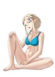 1girls barefoot blonde_hair blue_bra bottomless bra breasts collarbone commentary covering covering_crotch english_commentary eyelashes feet female female_only forehead green_eyes hair_ornament hairclip hand_on_own_knee hand_up head_tilt highres jpeg knee_up legs looking_at_viewer medium_breasts medium_hair navel nintendo open_mouth pointy_ears pomelomelon princess_zelda sidelocks simple_background tears_of_the_kingdom teeth the_legend_of_zelda toenails toes underwear white_background zelda_(tears_of_the_kingdom)