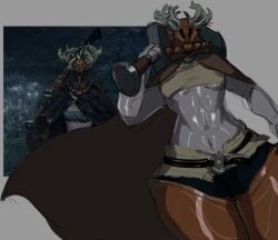 abs armor belt belt_buckle cloak elden_ring fanart grey_skin helmet horns mantle non_navi small_breasts sword tagme tarnished thick_thighs weapon