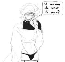 1boy 2d blush bulge choker clothing collar embarrassed english_text femboy glasses heart long_eyelashes looking_away male male_only monochrome monty_nsfw original original_character outerwear pale_skin shark shark_tail short_hair sketch smooth_skin solo spiked_collar sweater tank_top text text_bubble thighhighs toned toned_male tongue_out twink white_background